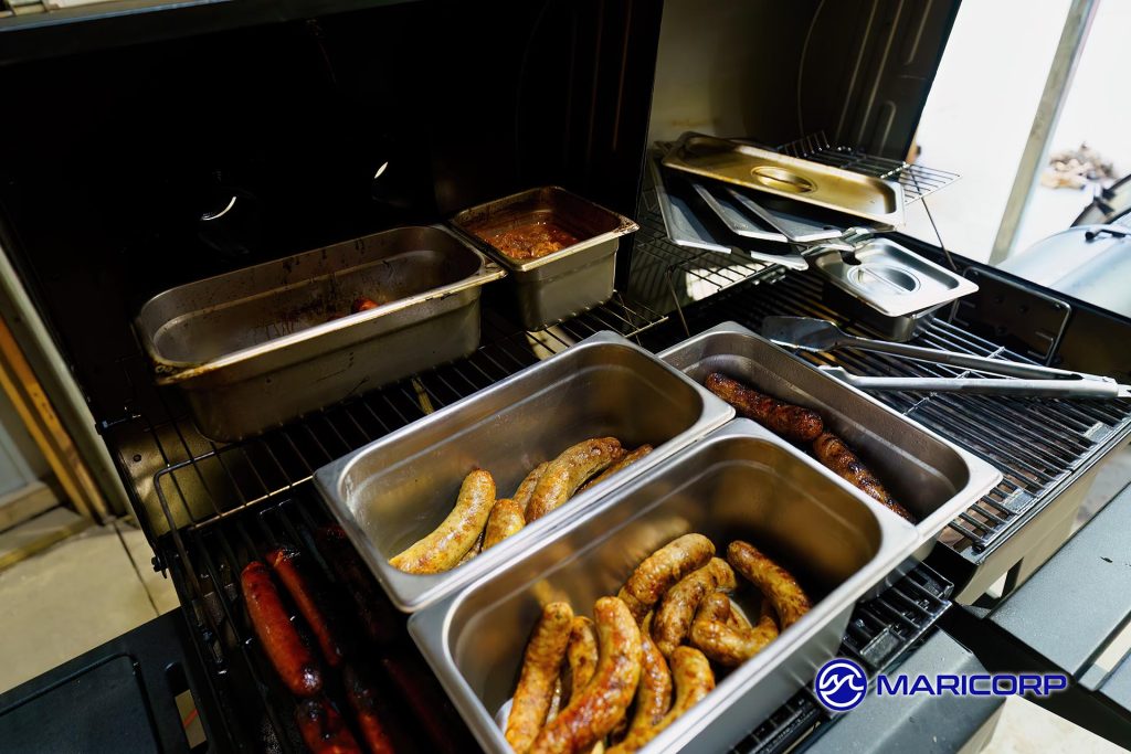 Fresh grilled brats include Jalapeño Cheddar, Pineapple Brown Sugar, Sassy BBQ and Cheddar Brats, served up with blackened seasoned sauteed onions, along with quarter pound beef dogs